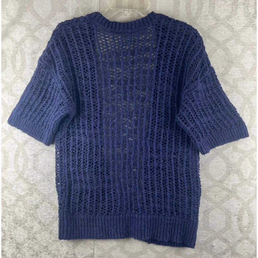 Free People Open Front Cardigan Womens XS Navy Blue Short Sleeve Crochet Knit